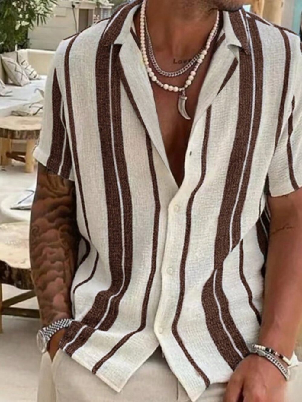 Khaki Preppy Men's Casual Relaxed Beach Striped Colorblock Short Sleeve Shirt